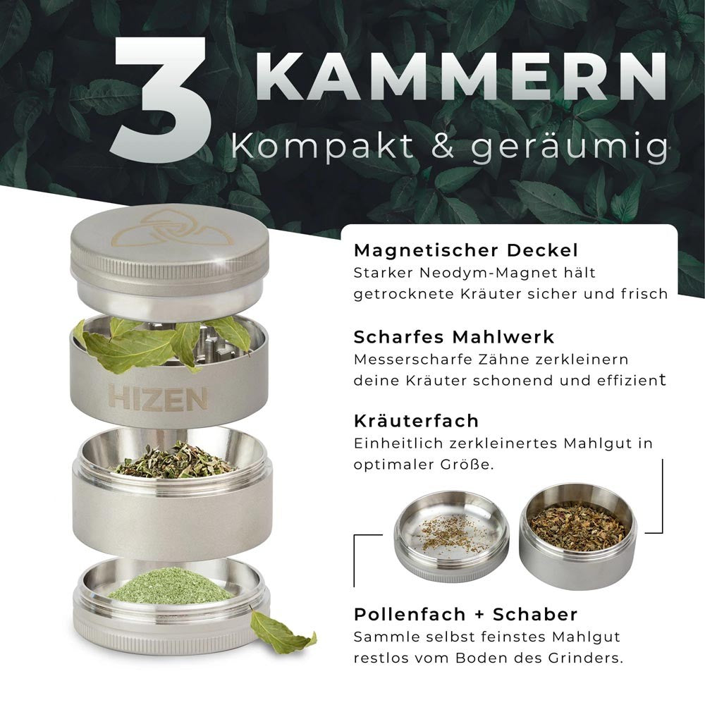 HIZEN Edelstahl-Grinder 50 mm, Pollensieb