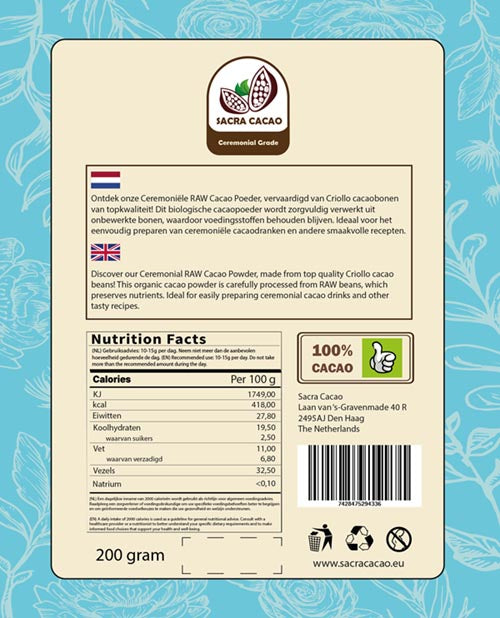 Kakao Powder Raw Peru Zeremonielle Qualität (Sacra Cacao) 200 Gramm