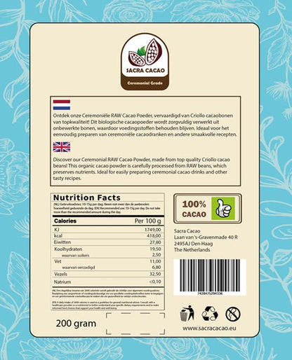 Kakao Powder Raw Peru Zeremonielle Qualität (Sacra Cacao) 200 Gramm