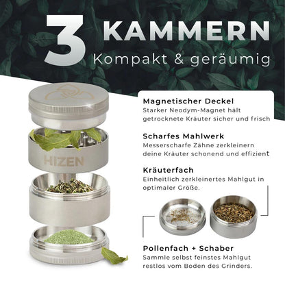 HIZEN Edelstahl-Grinder 50 mm, Pollensieb